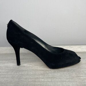 Narrow Stuart Weitzman black suede open toe heels size 9